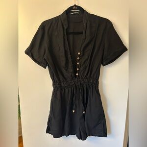 Zara Linen Black Romper with Wood Buttons